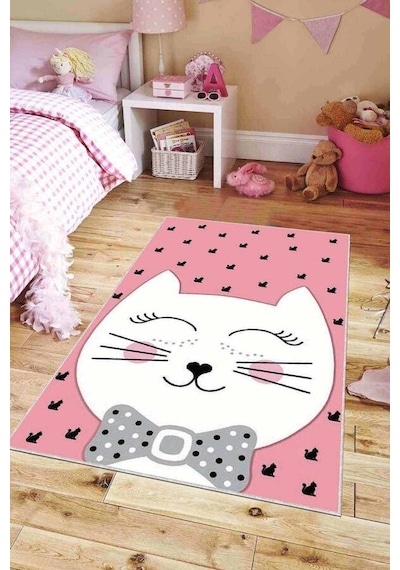 Pembe Kaymaz Tabanlı Yıkanabilir Kedili Bebek Halısı Kd07n11