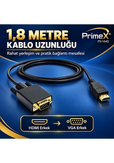 Primex Px-1440 1.8 Metre Hdmı To Vga Görüntü Kablosu, Hdmı Çıkıştan Vga Monitör Projeksiyona Dönüştürücü, Pc Laptop Ps5 Xbox Uyumlu, Full Hd, Tek Yönlü