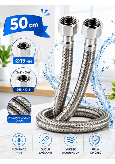 50 Cm Paslanmaz Çelik Örgülü Flex Hortum 3/8'x3/8' - Klozet Ve Taharet Musluğu Için Dayanıklı Bağlantı Hortumu 5,0 3 Değerlendirme