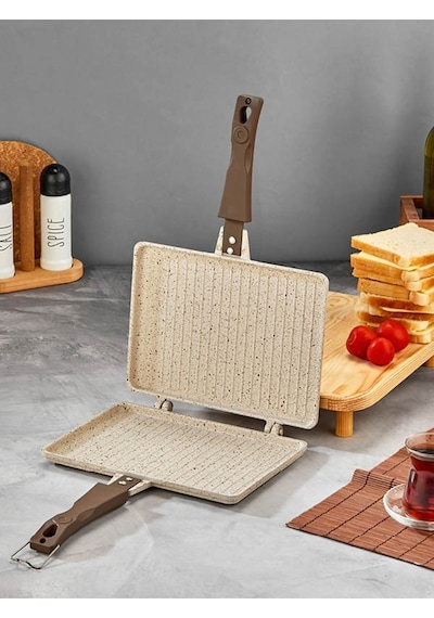 Döküm Granit Ocak Üstü El Tost Makinası Krem Gümüş- Siyah