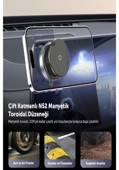 360 Derece Dönebilen Vakumlu Magsafe Destekli Magnetik Telefon Tutucu Araba Ayna Cam Masa Üzeri Siyah