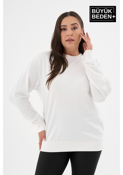 Süperlife Kadın Büyük Beden Bisiklet Yaka İnce Sweatshirt Spr24bswk56 Ekru
