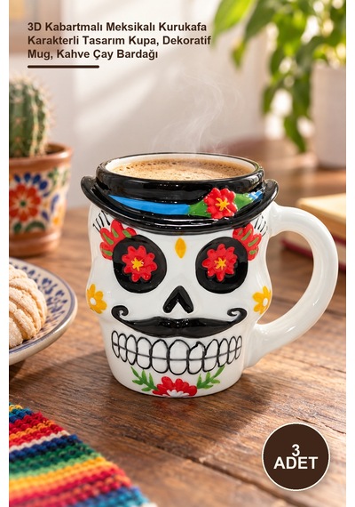 3 Adet Kupa Bardak 3d Kabartmalı Meksikalı Kurukafa Karakterli Tasarım Kupa, Dekoratif Mug, Kahve Çay Bardağı