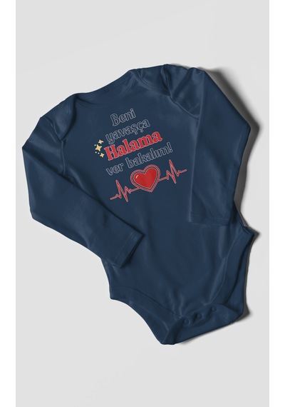 Morivokids Beni Yavaşça Halama Ver Bakalım Uzun Kollu Çıtçıtlı Bebek Body Lacivert