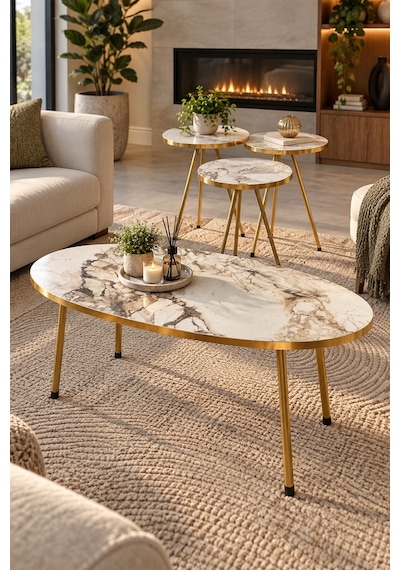Sulorahome Beyaz Ve Gold Metal Ayaklı 4'lü Sehpa Seti Tablalar Beyaz Mermer / Ayaklar Gold