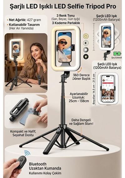Bluetooth Kumandalı Şarjlı 8 İnç Led Ring Light Katlanabilir Selfie Çubuğu Ve Tripod 3 Renk Tonu 25-138cm Diğer