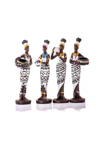 Mukko Home Siyah Beyaz Küp Taşıyan 4'lü Afrikalı Kadın Biblo Seti - Polyester Dekoratif Figür 15x4 Cm ,beyaz &am Diğer