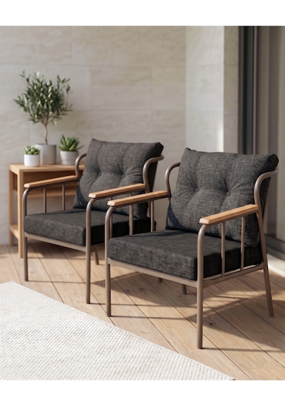 Paris Metal İskeletli Siyah Keten Dokulu Balkon Bahçe Berjeri 2 Li Set Cappucino Gövde Modern Tekli Koltuk
