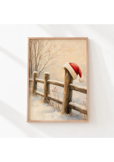 Karlı Çit Direğinde Noel Baba Şapkası, Vintage Çiftlik Evi Tarzı Noel Duvar Sanatı Baskısı Dijital İndirme 1365