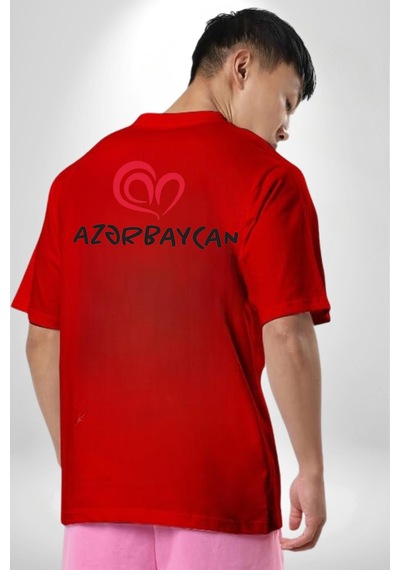 Azerbaycan Seviyorum I Love Azarbaycan Kırmızı Oversize Unisex Ön Ve Sırt Baskılı Tişört Kırmızı