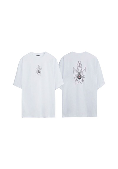 Thewert Unisex Çizgili Örümcek Ön Arka Baskılı Beyaz Oversize T-shirt