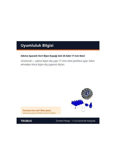 Trobus Sökme Aparatlı Sivri Bijon Kapağı Seti 20 Adet 17 Mm Mavi