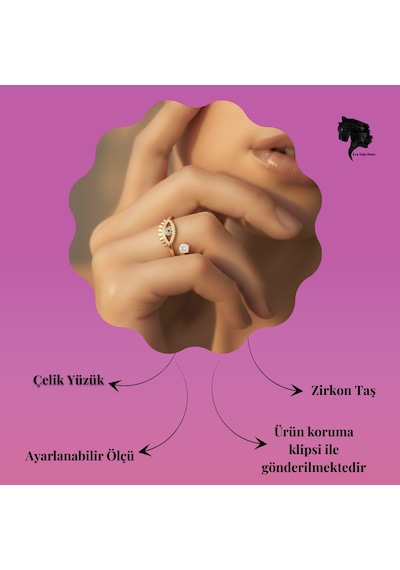 Ayarlanabilir Nazar Model Zirkon Taşlı Gold Renk Çelik Yüzük Altın