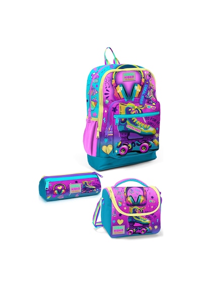 Coral High Kids Pembe Turkuaz Kulaklık Paten Desenli 3 Lü Okul Çanta Seti Set0123754