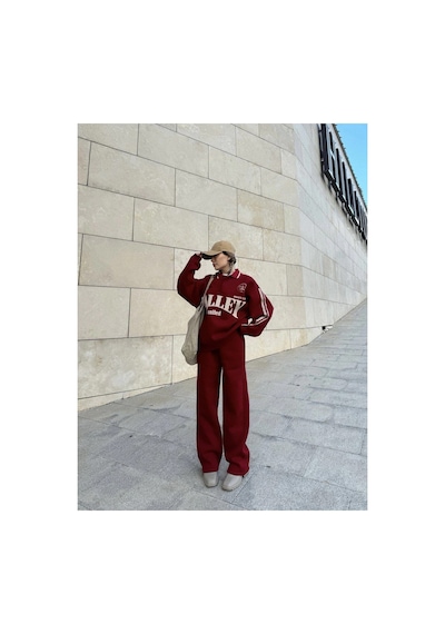Kadın 3 İplik Pamuklu Yakalı Sweat Baggy Pantolonlu Takım - Bordo