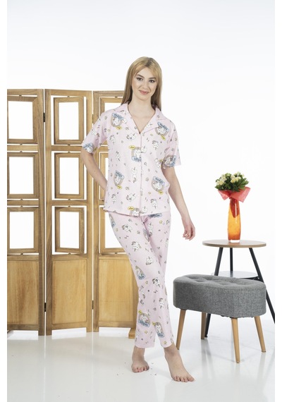 Estiva 24125 Kadın Kittycorn Kısa Kol Önden Düğmeli Yazlık Penye Pijama Takımı 001