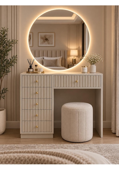Led Aynalı Çıtalı Çekmeceli Makyaj Masası Bej Led Aynalı Çıtalı Çekmeceli Makyaj Masası Bej