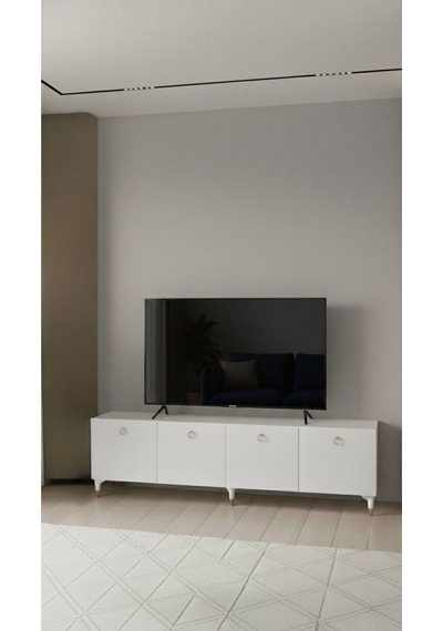 Modern Mobilya Belçika Tv Ünitesi Tv Sehpası Ayaklı 4 Kapaklı Beyaz 240 Cm Beyaz