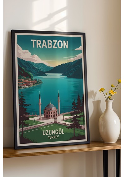 Trabzon Uzungöl Tablo - Retro Travel Poster - Karadeniz Şehir Serisi Duvar Dekoru - Çerçeveli Poster Siyah
