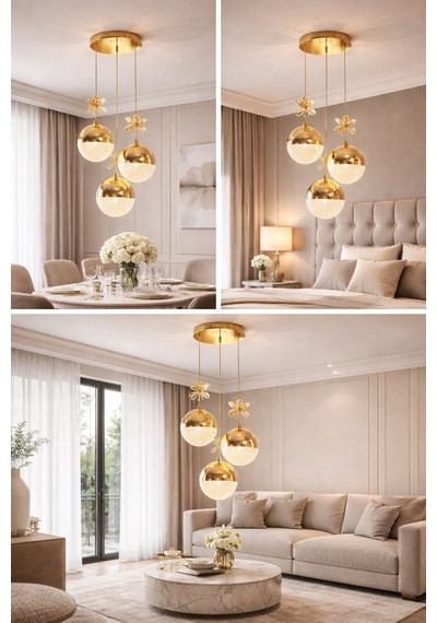Modern Gold Cam Avize 3 Renk Parlak Ve Zarif Aydınlatma Deneyimi Yatak Odası - Hol - Salon Gold Gold