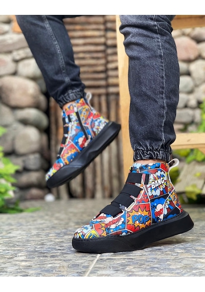 ER0142 Bantlı Erkek Yüksek Taban Popart Model Spor Bot Çok Renkli