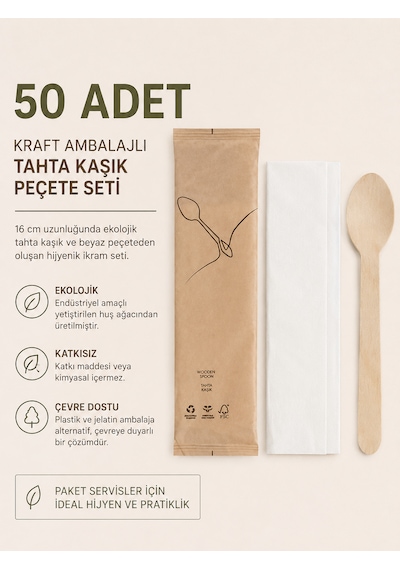 Tahta Kaşık Peçete Seti 50li Kağıt Ambalajlı Tatlı Sunumları, Parti,tadımlık Servisleri Açık Kum