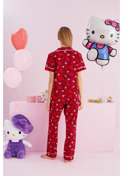 Siyah İnci Lisanslı %100 Pamuk Çok Renkli Düğmeli Biyeli Pijama Takım Hk058 Kırmızı
