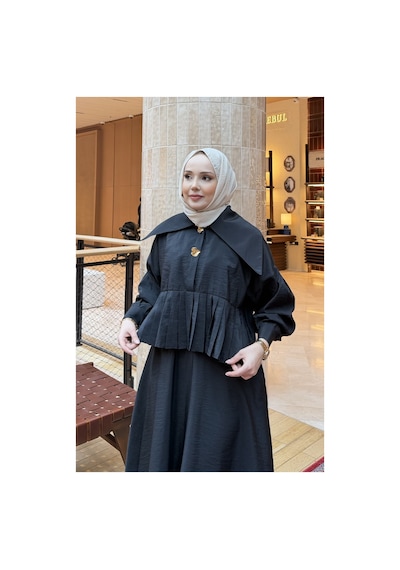 Riella Butik Silly Pilise Detaylı Tesettür Takım Siyah