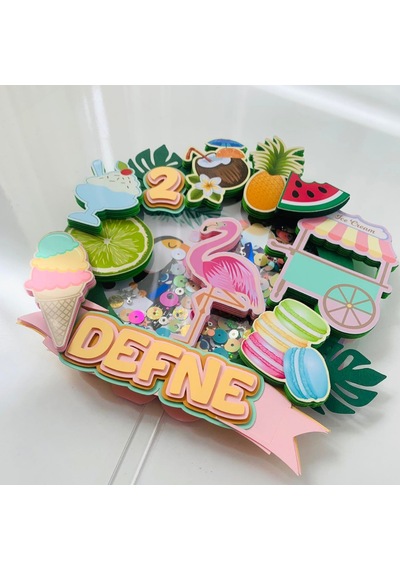 Tropikal Meyve Flamingo Temalı Doğum Günü İsme Özel Pasta Süsü