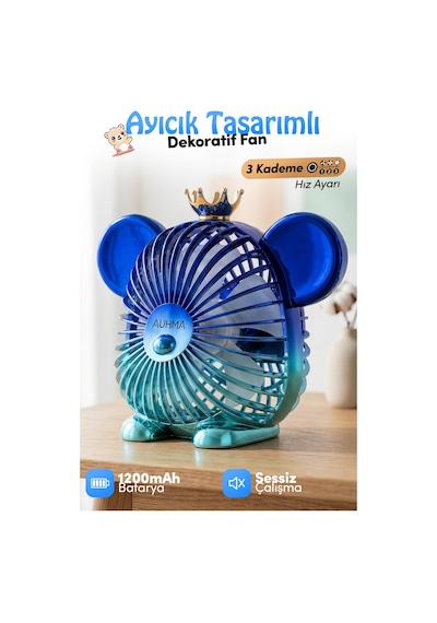 Auhma Aufn16 Dekoratif Ayıcık Masaüstü Fan Mavi Şarjlı, Sessiz, 1200mah Kablosuz Mini Vantilatör
