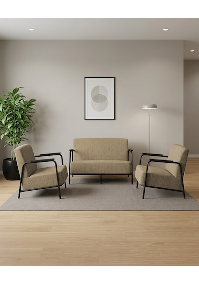 Atlas 2+1+1 Dokuma Kumaş Ofis Cafe Bekleme Koltuk Takımı Siyah Metal Bej