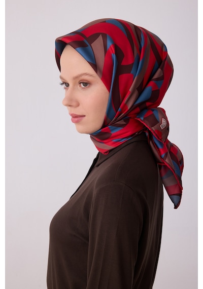 Belli Geometrik Desen İpek Twill Eşarp - 2026 İlkbahar-yaz T 4327 Kırmızı