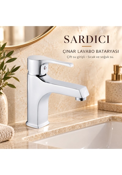 Sardıcı Çınar Krom Lavabo Bataryası Çift Su Girişli 40 Cm Hortum Ve Montaj Takımı Dahil