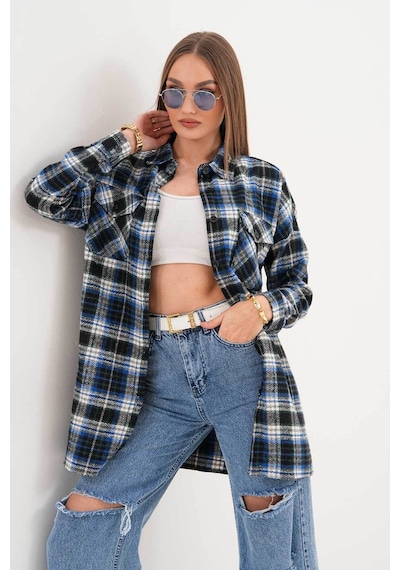 Polologin Butik Kadın Oduncu Mavi Siyah Çizgili Cepli Araboy Spor Gömlek Lacivert