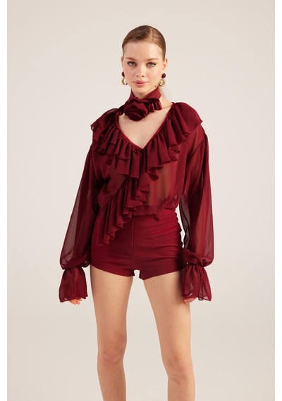 Holly Lolly Fırfırlı Güllü Choker Aksesuarlı Şifon Sassy Gömlek Bordo