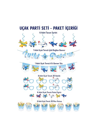 Uçak Temalı Doğum Günü Parti Seti İyi Ki Doğdun Banner, Tavan Sarkıt, Gözlük, Pasta Süsü Ve Mısır Kutusu Mavi