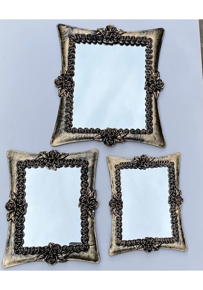 Tr Peramari Dekoratif Polyester Üçlü Kare Ayna Takımı Gold Siyah Eskitme Gold Siyah Diğer