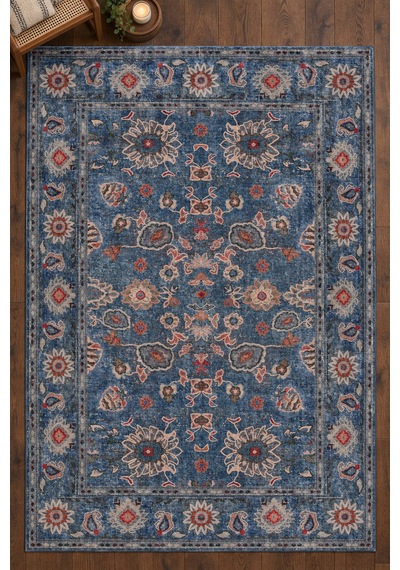 Artloop İstanbul Lacivert Vintage Desenli Dokuma Tabanlı Şönil Halı Al 652 Lacivert - Vintage