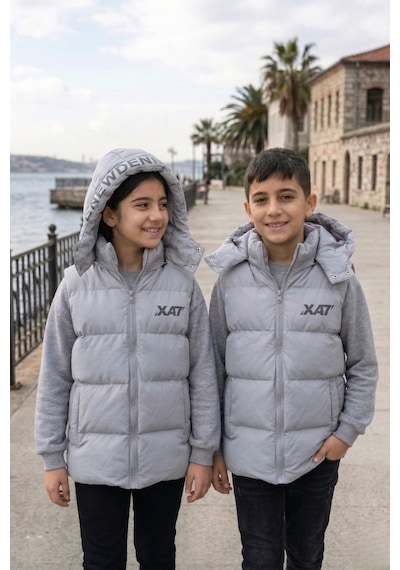 Pina Kids Unisex Çıtçıt Kapüşonlu Baskılı Şişme Yelek Gri