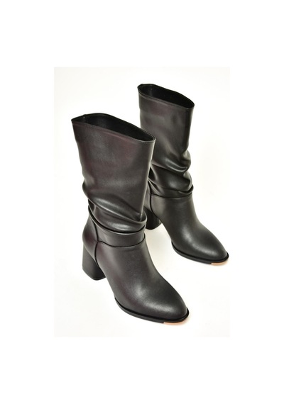Fox Shoes T848243009 Siyah Kalın Topuklu Kadın Bot Siyah-Suni Deri Siyah