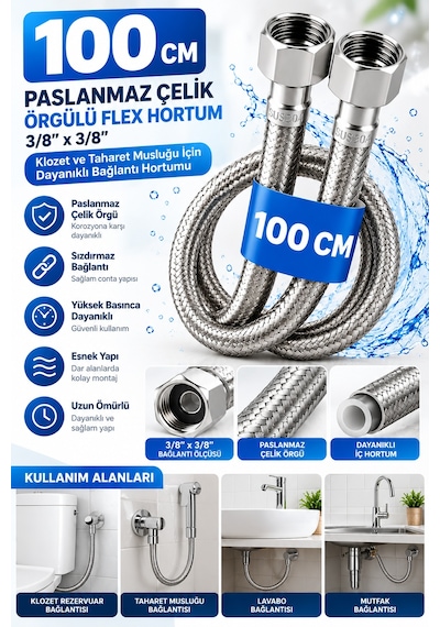 2'li Set Krom Taharet Ara Musluğu Ve 100 Cm Paslanmaz Çelik Flex Hortum 3/8' X 3/8'