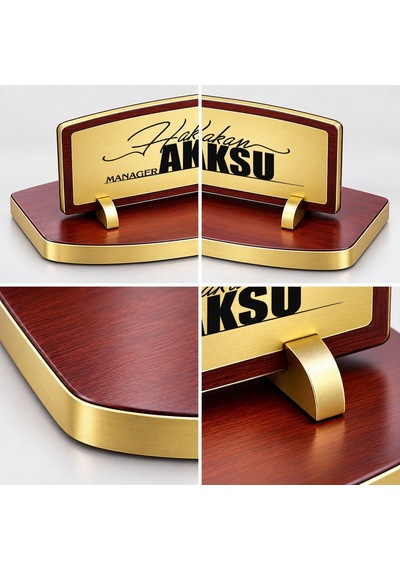 Bk Gift Kişiye Özel Ahşap Masa İsimliği Gold Plakalı Bk27 -4 Çok Renkli