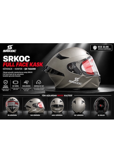 Srkoc İntercom Uyumlu Full Face Ece 22.06 Sertifikalı Gri Motorsiklet Kaskı