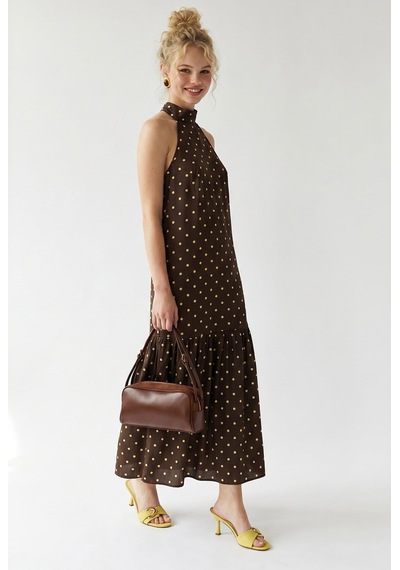 Mixray 4927 Kadın Puantiye Desenli Halter Yaka Maxi Elbise Kahve
