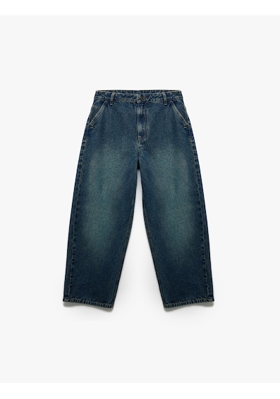 Koton Bol Kesim Cep Detaylı Pamuklu Loose Straight Fit Denim Pantolon Petrol 7wkb40002td