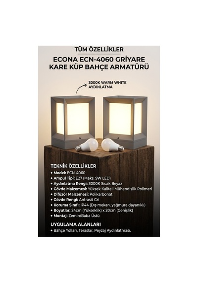 2 Adet Ecn-4060 Antrasit Dekoratif Kare Küp Set Üstü Abs Bahçe Aydınlatma Armatürü Set Üstü Dekoratif Aplik,baba Üstü,9w Led Ampul Dahil 3000k