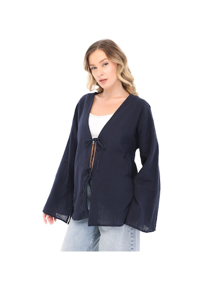 Blayn Jeans Blayn Kadın Keten Kimono Oversize Rahat Kalıp Yazlık Uzun Kollu Kimono Lacivert