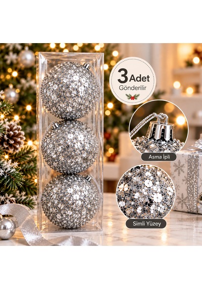 3'lü Lüks Yılbaşı Ağacı Top Süsü Seti 10 Cm - İp Dokulu & Işıltılı Süsleme Topları Beyaz, Gold, Gümüş, Kırmızı - 9059366128713 Diğer