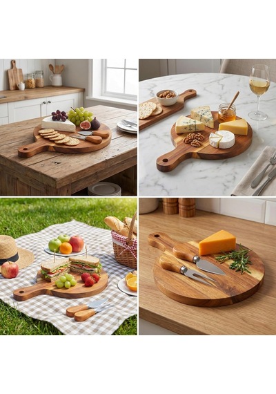 Doğal Akasya Peynir Sunum Tahtası Ve Servis Seti 25x17 Cm Saplı Mini Kesme Tahtası, Yanında Özel Bambu Saplı Diğer
