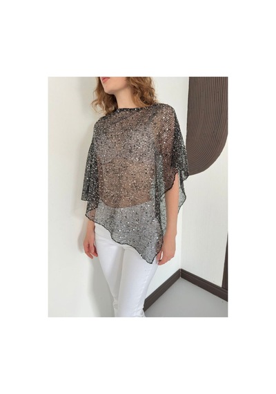 Verymoda Asimetrik Kesim Yarasa Kol Pullu Bluz D3118 Siyah